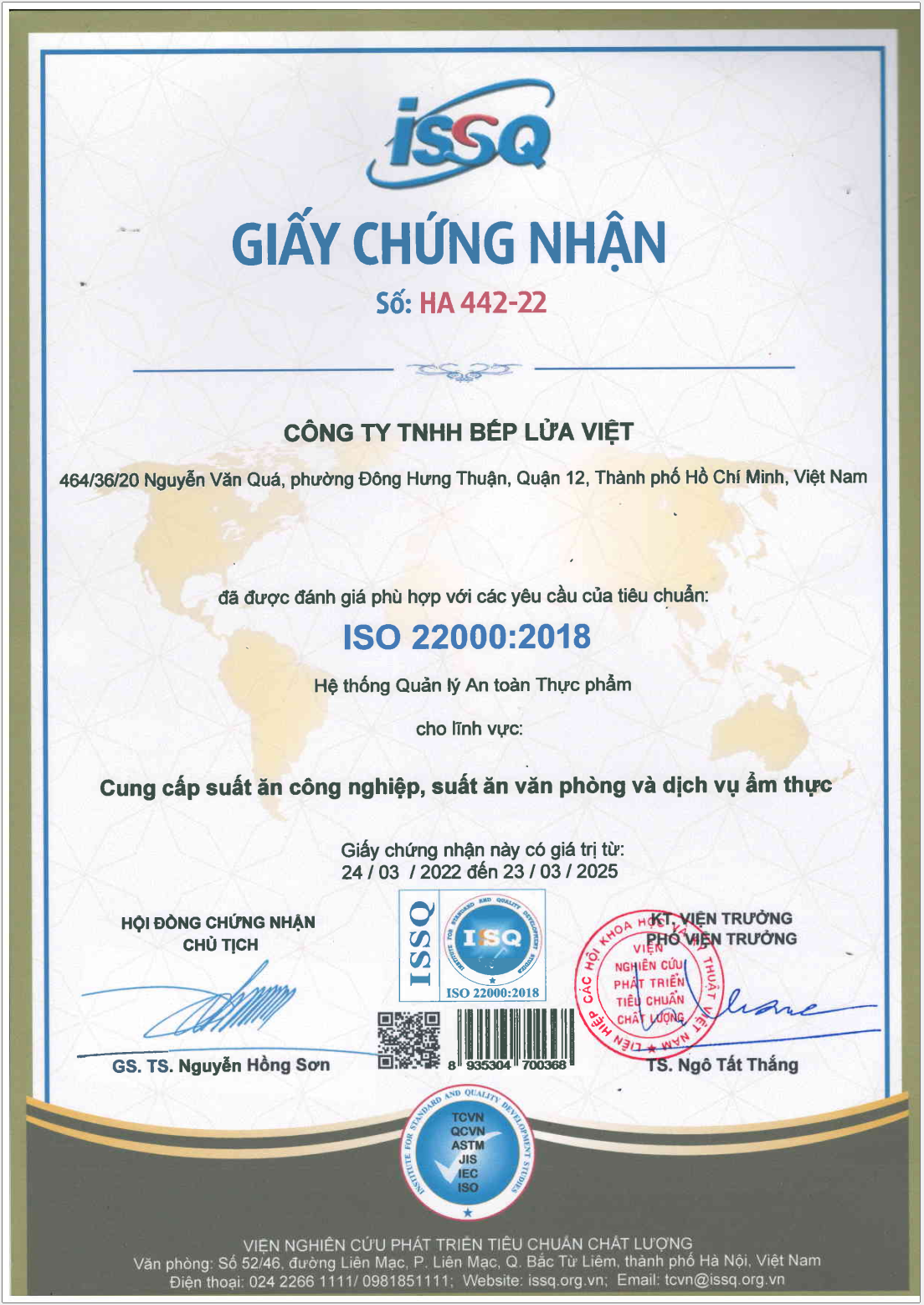 Giấy chứng nhận ISO 22000:2018